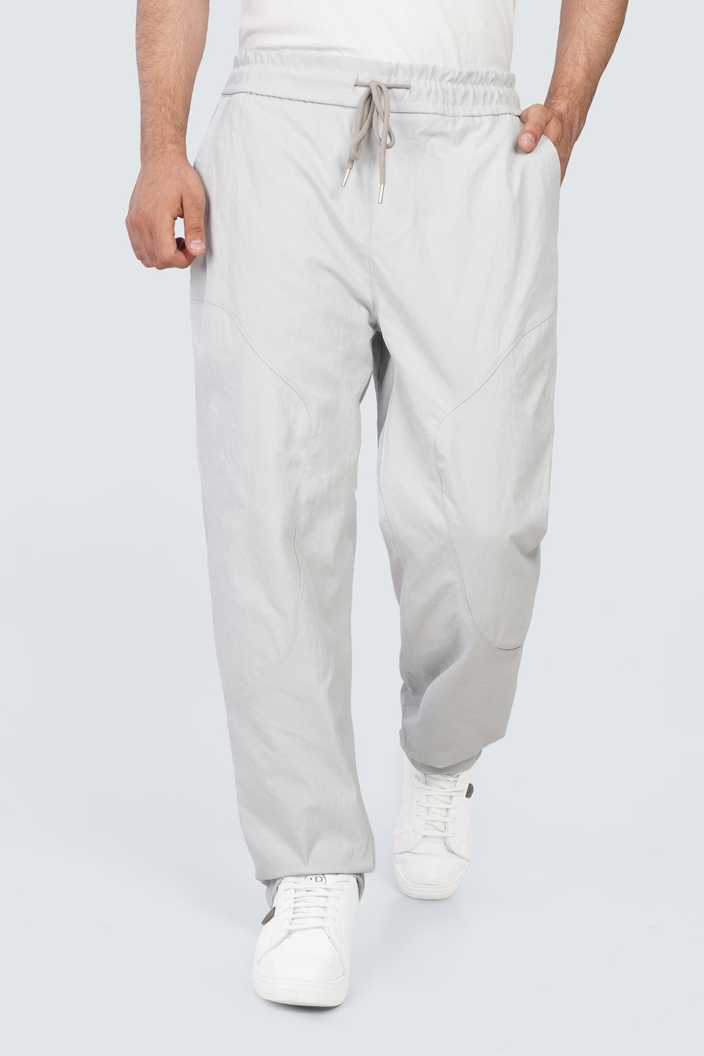 SIDEWIND Panel Stitch Relaxed Pants - Light Grey front walking view