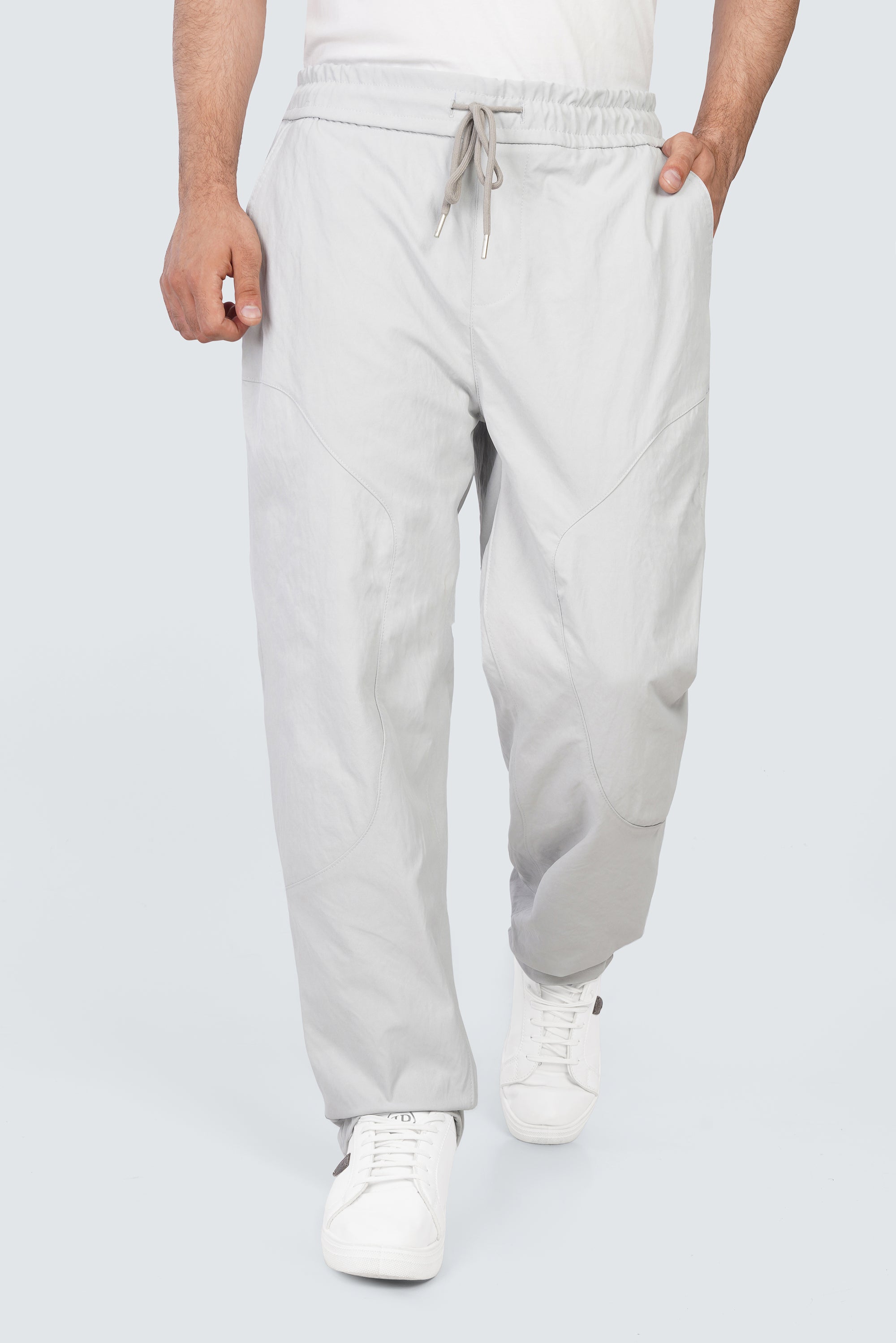 SIDEWIND Panel Stitch Relaxed Pants - Light Grey front walking view